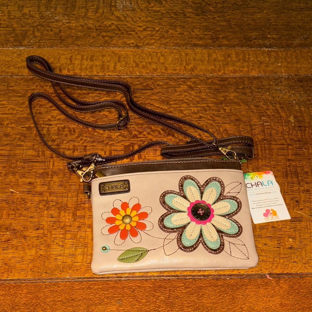 Chala Beige Crossbody Bag with Colorful Floral Design.  New with tags.
